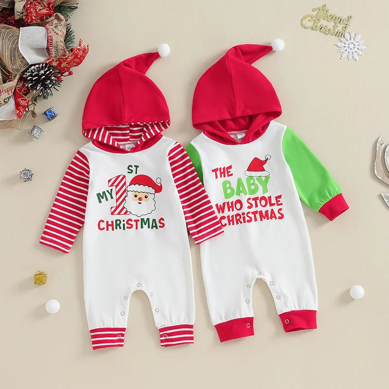 Christmas baby clothes, the romper features a hooded Santa/letter print, long sleeves, hood, buttons at the bottom, unisex design, cute and comfortable, your little one will receive lots of compliments when wearing it.

Perfect for casual daily wear in spring and fall, Christmas, Halloween, Thanksgiving, outdoor play, holiday, birthday party, family gathering, photography.