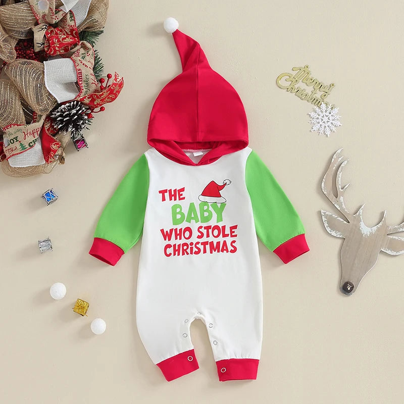 Christmas baby clothes, the romper features a hooded Santa/letter print, long sleeves, hood, buttons at the bottom, unisex design, cute and comfortable, your little one will receive lots of compliments when wearing it.

Perfect for casual daily wear in spring and fall, Christmas, Halloween, Thanksgiving, outdoor play, holiday, birthday party, family gathering, photography.