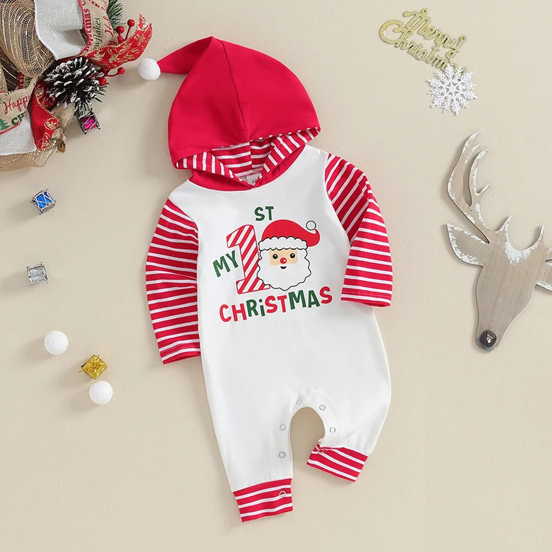 Christmas baby clothes, the romper features a hooded Santa/letter print, long sleeves, hood, buttons at the bottom, unisex design, cute and comfortable, your little one will receive lots of compliments when wearing it.

Perfect for casual daily wear in spring and fall, Christmas, Halloween, Thanksgiving, outdoor play, holiday, birthday party, family gathering, photography.