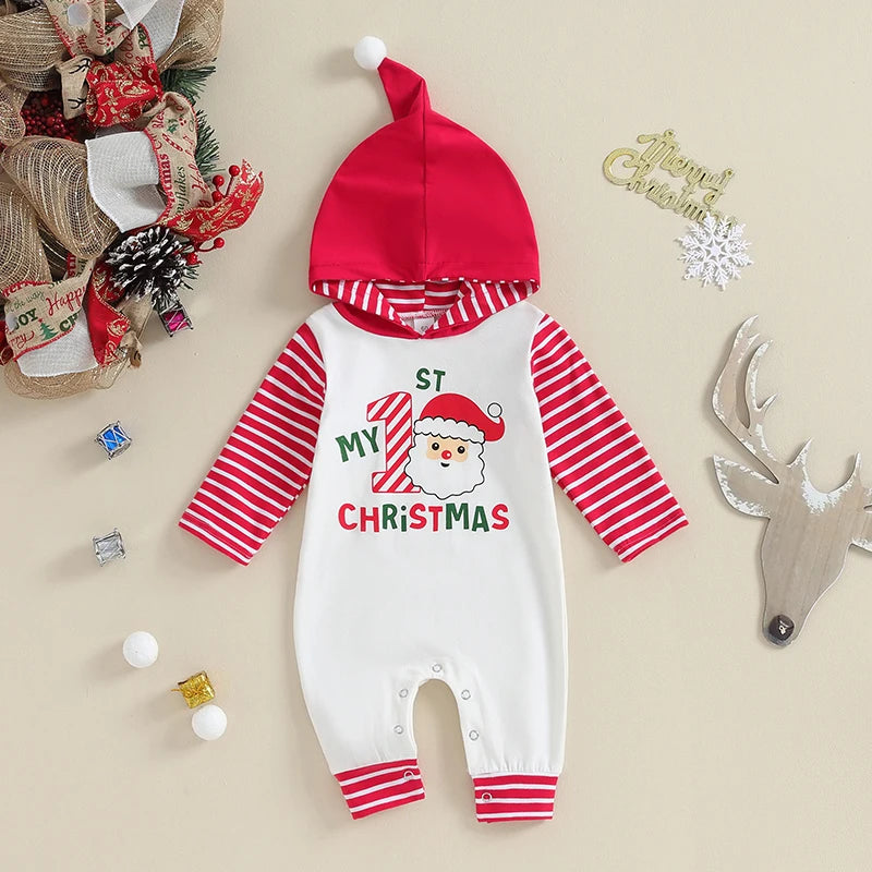 Christmas baby clothes, the romper features a hooded Santa/letter print, long sleeves, hood, buttons at the bottom, unisex design, cute and comfortable, your little one will receive lots of compliments when wearing it.

Perfect for casual daily wear in spring and fall, Christmas, Halloween, Thanksgiving, outdoor play, holiday, birthday party, family gathering, photography.